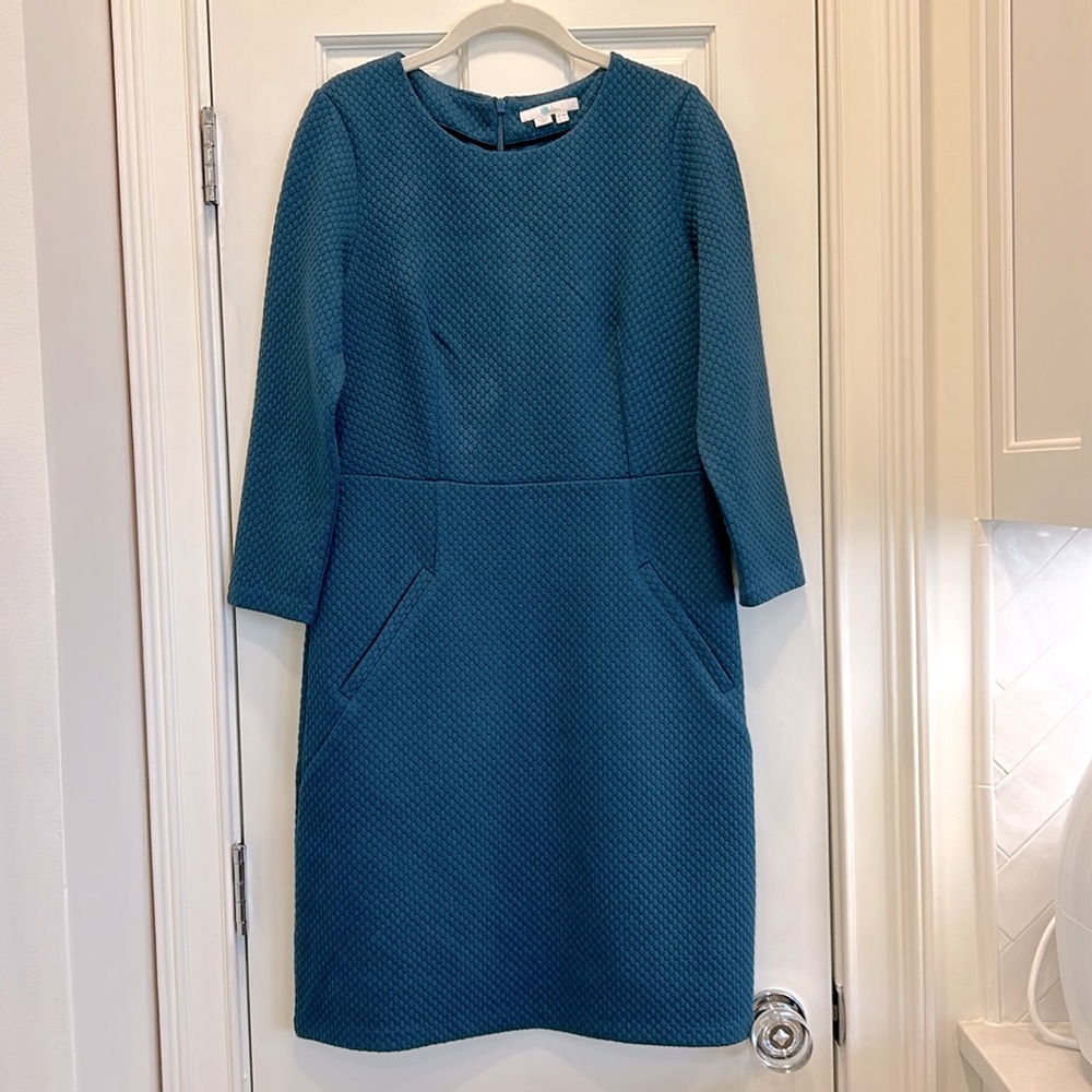 Boden Teal Blue Quilted Pattern Work Dress with  3 Quarter Sleeves sz.8R